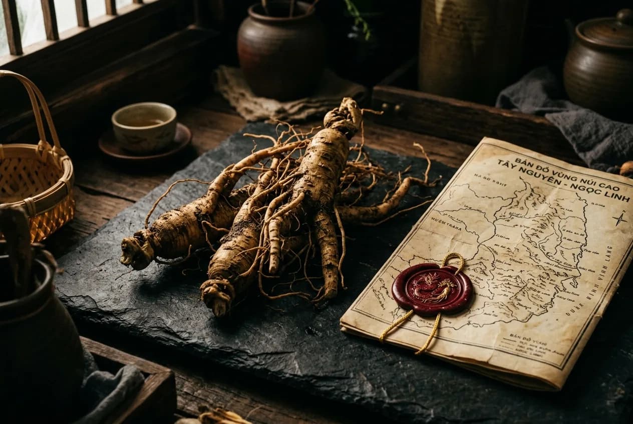 Củ sâm Ngọc Linh bên dấu son đỏ và bản đồ vùng cao nguyên