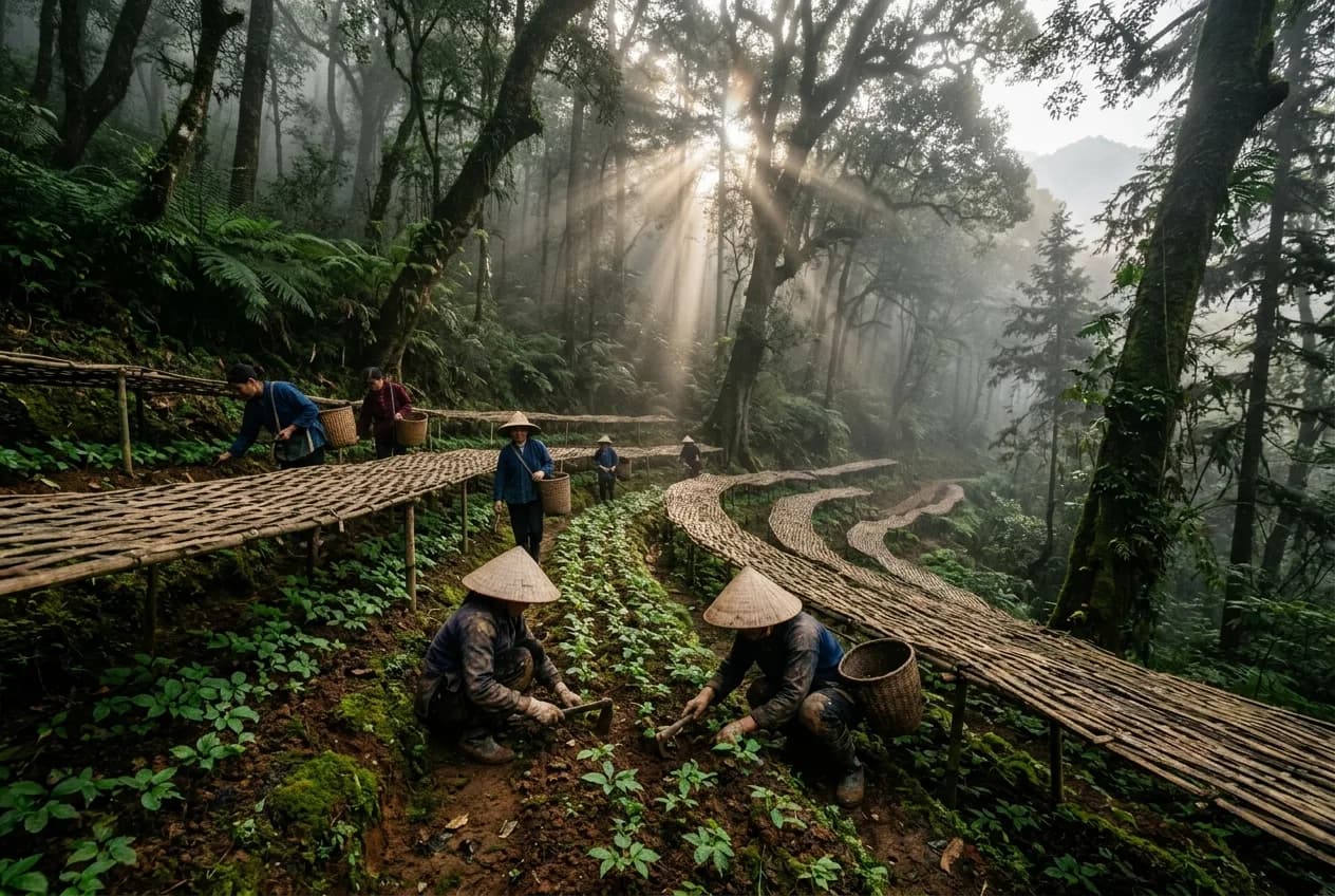 Người trồng sâm chăm vườn ươm dưới tán rừng nguyên sinh
