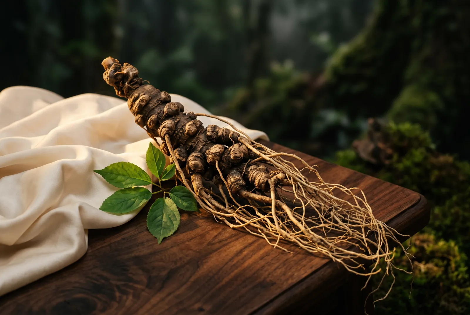 Củ sâm Ngọc Linh tươi nguyên rễ trên nền gỗ và lụa