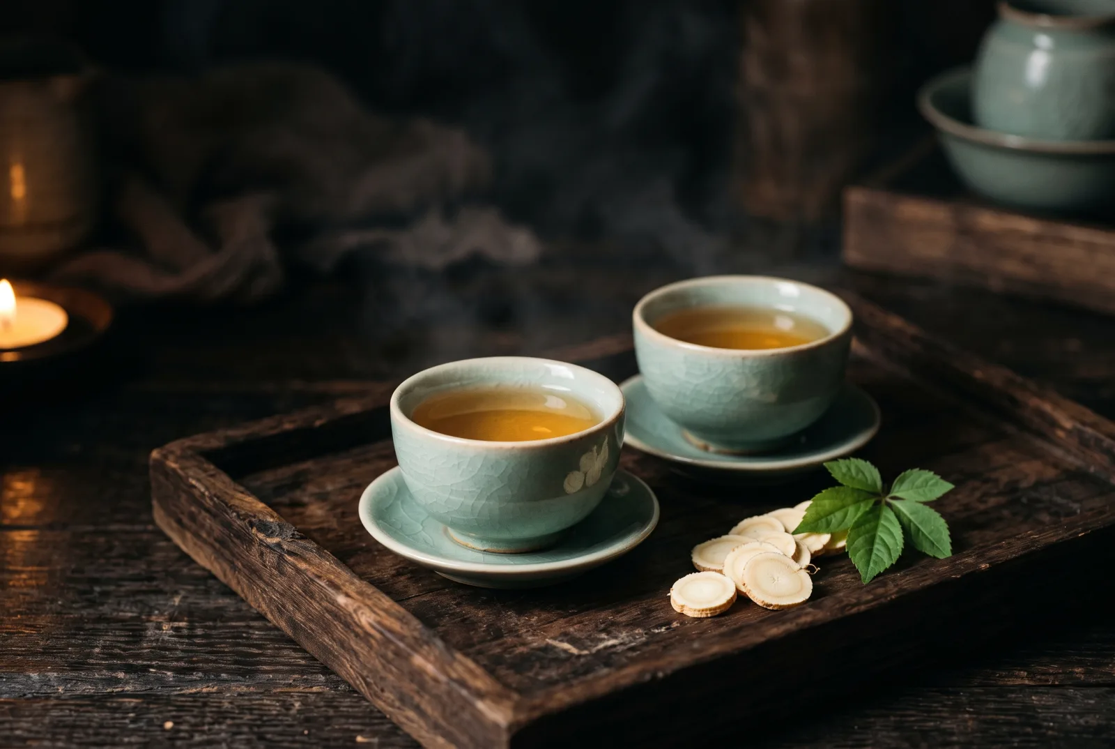 Chén sâm Ngọc Linh sắc hổ phách trên khay gỗ